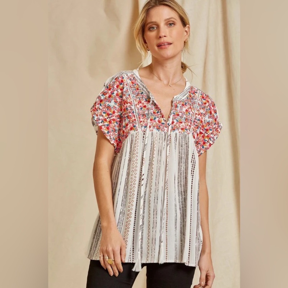 Savanna Jane women medium blouse babydoll Embroidered Floral boho ivory brown